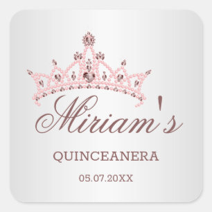 Tiara, parels, edelsteen in hartvorm Quinceanera Vierkante Sticker