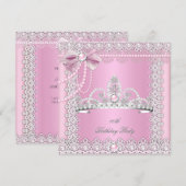 Tiara Pink White Pearls Lace Bow Birthday Party 2 Kaart (Voorkant / Achterkant)