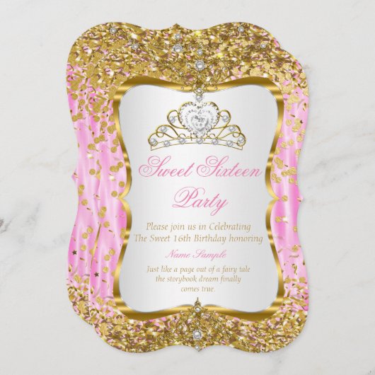 Tiara Princess Sweet 16 Invitation blanc or rose (Devant / Derrière)