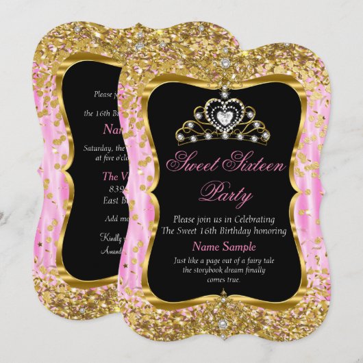 Tiara Princess Sweet 16 Invitation noir or rose (Devant / Derrière)