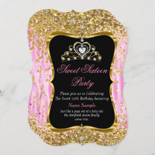 Tiara Princess Sweet 16 Invitation noir or rose