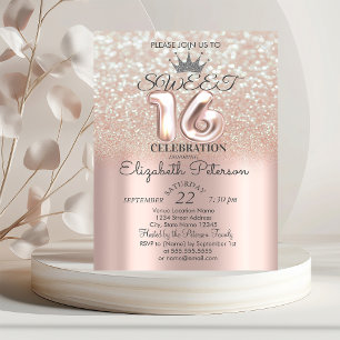 Tiara, Roze Goud Sweet 16 Glitter Bokeh Ombre Fees Kaart