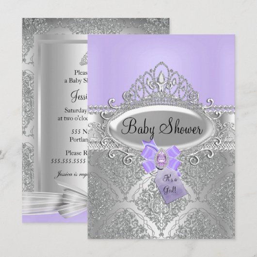 Tiara & Silver Damask Paars Baby shower Invite Kaart (Voorkant / Achterkant)