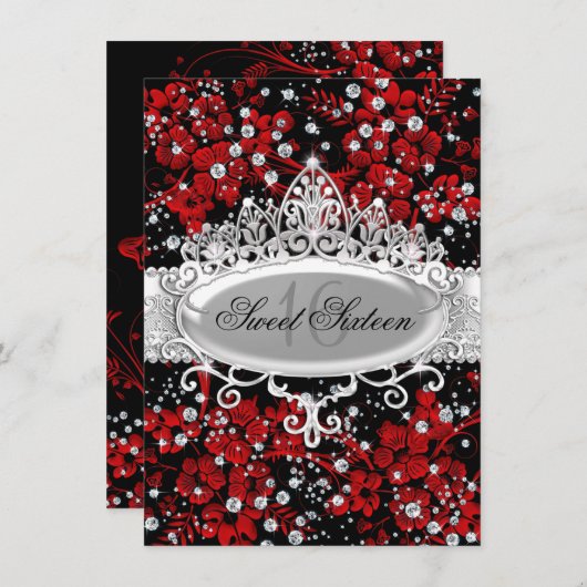  Tiara & Sparkle Flowers Red Sweet 16 Kaart (Voorkant / Achterkant)