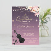 Tiara, String Lights, Guitar, Floral Quinceañera Kaart (Staand voorkant)