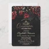 Tiara, String Lights Rozen Black Quinceañera Kaart (Voorkant)