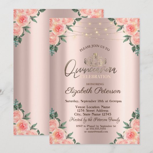 Tiara, String Lights Rozen Quinceañera Kaart (Voorkant / Achterkant)