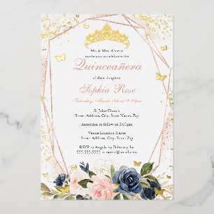 Tiara Vlinder Bloemig Roze Navy Quinceanera Folie Uitnodiging