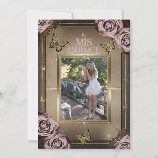 Tiara Vlinders Bord Roze Rozen Quinceañera Kaart (Achterkant)