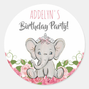 Tiaraprinces Olifant Roze Bloemen Verjaardag Ronde Sticker