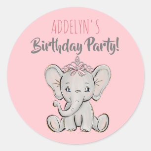 Tiaraprincess Olifant Roze Kinderverjaardag Ronde Sticker