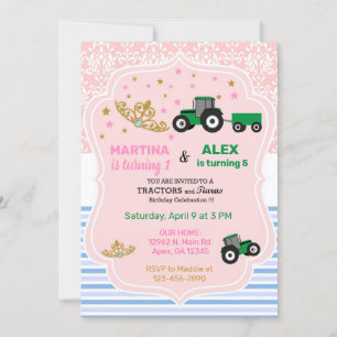 Tiaras et tracteurs frères et soeurs invitation d'