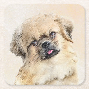 Tibetaans Spaniel Schilderen - Kute Original Dog A Vierkante Kartonnen Onderzetter
