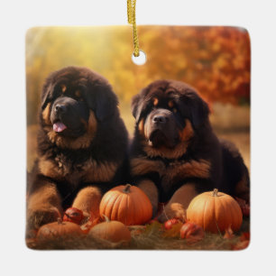 Tibetaanse Mastiff Puppy Herfst Delight Pompoen Keramisch Ornament