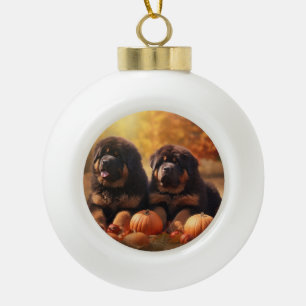Tibetaanse Mastiff Puppy Herfst Delight Pompoen Keramische Bal Ornament