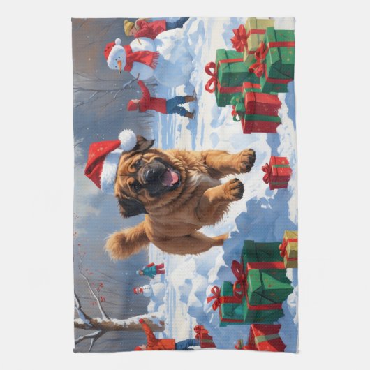 Tibetaanse Mastiff rent in de sneeuw met kerst Pet Theedoek (Verticaal)