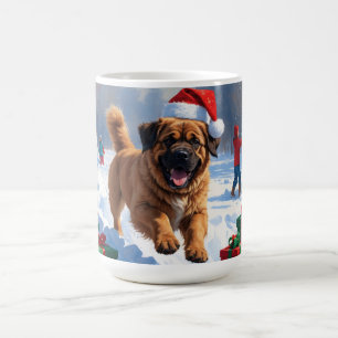 Tibetaanse Mastiff rent in de sneeuw met kerstmuts Koffiemok