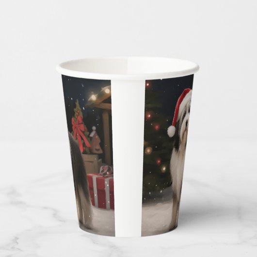 Tibetaanse Terriër Hond in Sneeuw Kerstmis Papieren Bekers (Links)