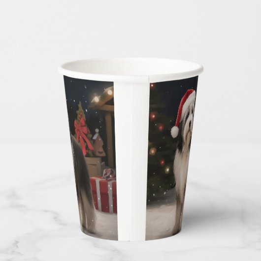 Tibetaanse Terriër Hond in Sneeuw Kerstmis Papieren Bekers (Rechts)
