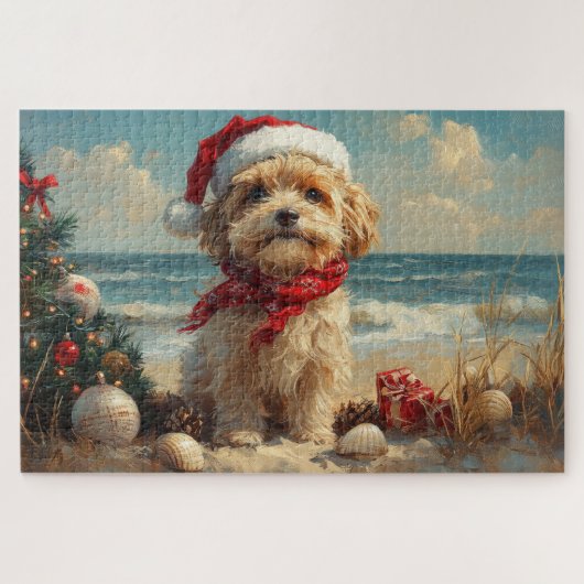 Tibetaanse Terriër Hond Kerst Strand Legpuzzel (Horizontaal)