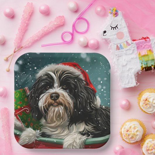 Tibetaanse Terriër Hond Kerstfeest Papieren Bordje (Feest)