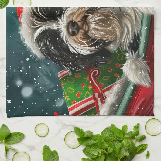 Tibetaanse Terriër Hond Kerstfeest Theedoek (Gevouwen)