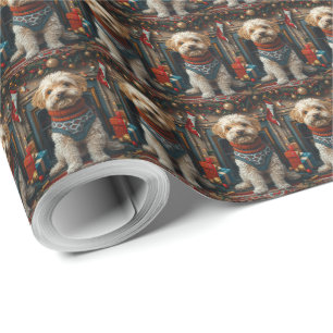 Tibetaanse Terrier-hond met kerstcadeaus bij de op Cadeaupapier