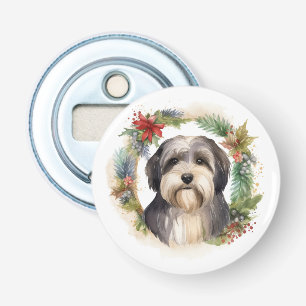 Tibetaanse Terriër Kerstkrans Feestelijke Pup Button Flesopener