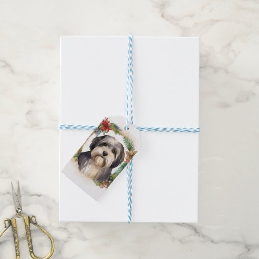 Tibetaanse Terriër Kerstkrans Feestelijke Pup Cadeaulabel (Met Touw)