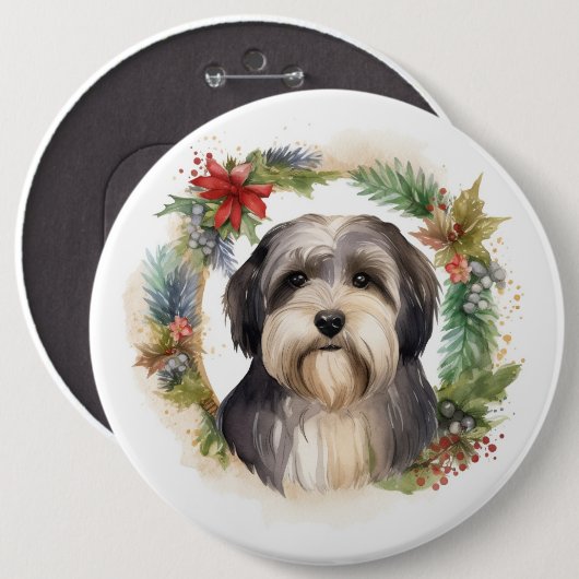 Tibetaanse Terriër Kerstkrans Feestelijke Pup Ronde Button 6,0 Cm (Voorkant /achterkant)