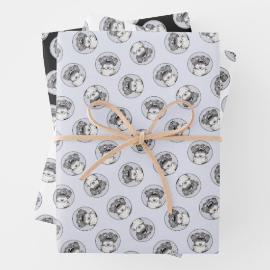 Tibetaanse terriër schildert zwarte en witte honde inpakpapier vel (In situ)