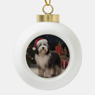 Tibetaanse Terrierhond in Sneeuw Kerstmis Keramische Bal Ornament