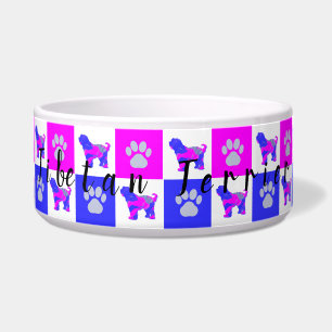 Tibetan Terrier Dog & Paw Hot Pink & Blue Pet Bowl Voerbakje