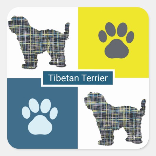 Tibetan Terrier Dog & Paw Y&B Grid Square Sticker (Voorkant)