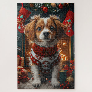 Tibetan Terrier-hond met kerstcadeaus bij de open  Legpuzzel