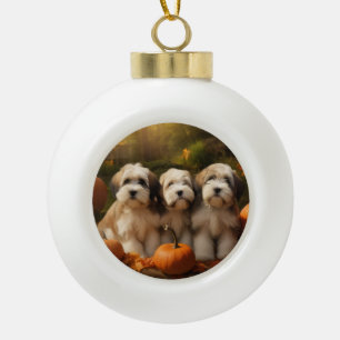 Tibetan Terrier Puppy Herfstvreugde Pompoen Keramische Bal Ornament