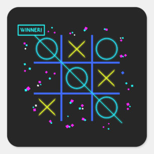 Tic Tac Toe Neon Retro Winnaar Glow Gamer Arcade Vierkante Sticker