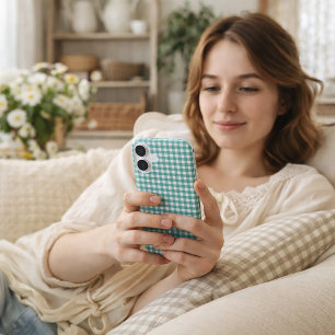 Tichelblauw en wit geruit gingham patroon iPhone 16 hoesje