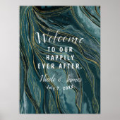 Tichelblauw Gouden Abstract Waterverf Trouwbord Poster (Voorkant)