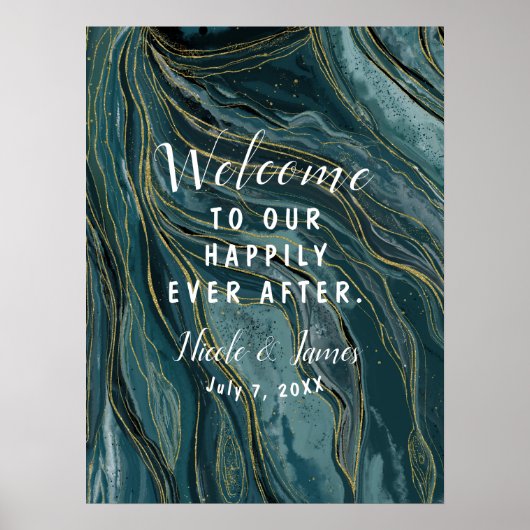 Tichelblauw Gouden Abstract Waterverf Trouwbord Poster (Voorkant)