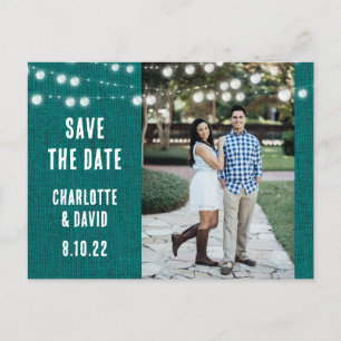 Tichelblauw jute rustieke trouwfoto save the date aankondigingskaart