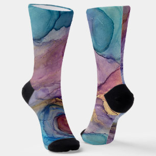 Tichelblauw, Roze, Paars & Goud Abstracte Alcohol Sokken