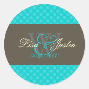 Tichelblauwe polka stippen monogramstickers ronde sticker