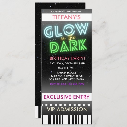 Ticket Birthday Uitnodiging | Gloed in het donker (Voorkant / Achterkant)
