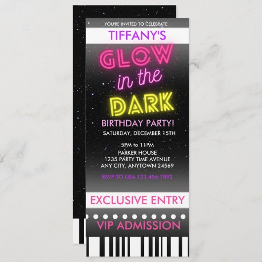 Ticket Birthday Uitnodiging | Gloed in het donker (Voorkant / Achterkant)