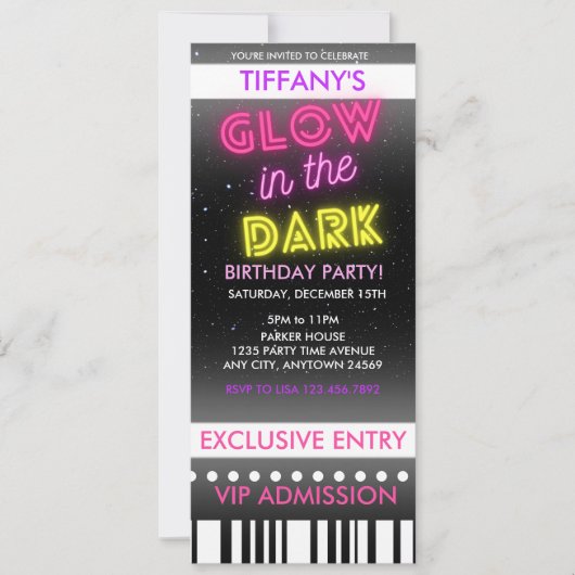 Ticket Birthday Uitnodiging | Gloed in het donker (Voorkant)