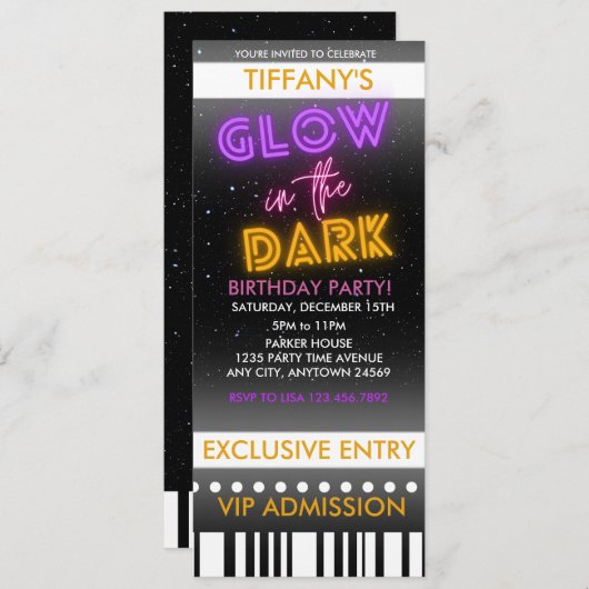 Ticket Birthday Uitnodiging | Gloed in het donker (Voorkant / Achterkant)