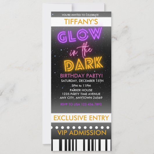 Ticket Birthday Uitnodiging | Gloed in het donker (Voorkant)