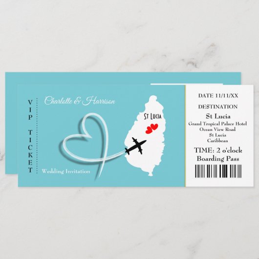 Ticket Boarding Pass Trouwbestemming St Lucia Kaart (Voorkant / Achterkant)