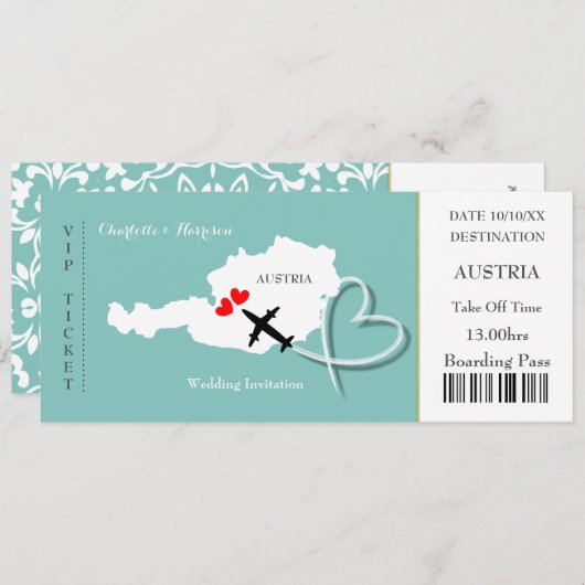 Ticket Boarding Pass Wedding Destination Austria Kaart (Voorkant / Achterkant)